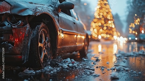 a drunk man drove a car into a Christmas tree, the broken car is smoking, close-up, the atmosphere of the New Year