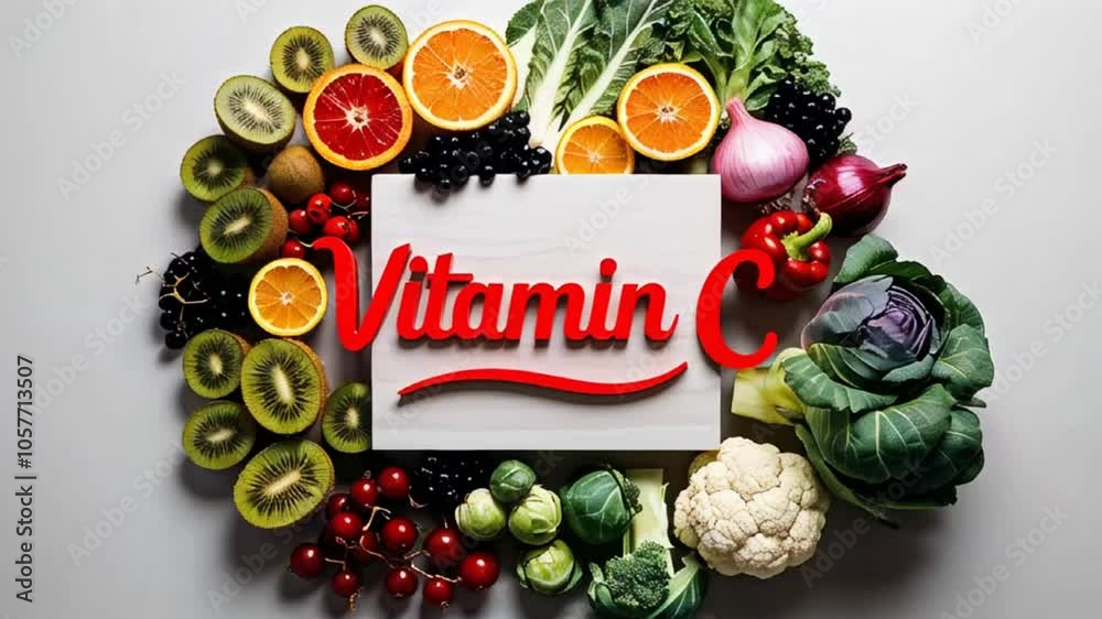 Various fresh food vegetables and fruits with the sign inscription vitamin C ascorbic acid