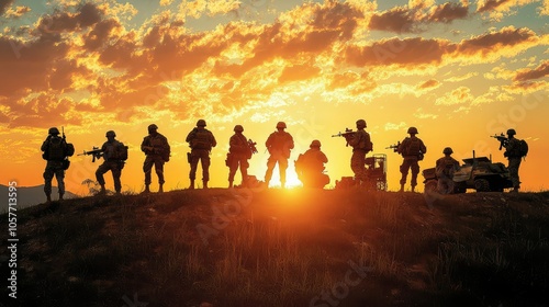 Soldiers Silhouette on Hill at Sunset