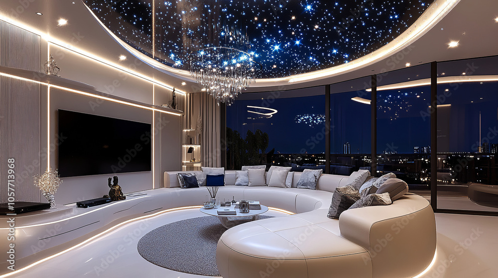 Interior design photography, a spacious modern living room made of white leather, with bright ...