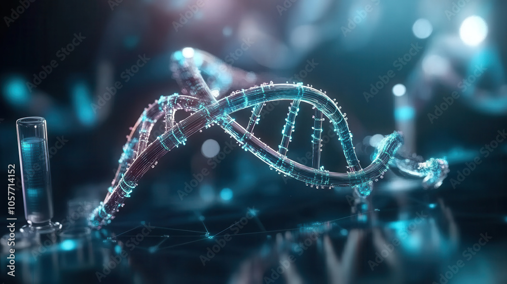 Futuristic DNA structure with glowing carbon lines and laboratory elements, showcasing advanced biotechnology and genetic research Futuristic DNA structure with glowing carbon lines and laboratory elements, showcasing advanced biotechnology and genetic research