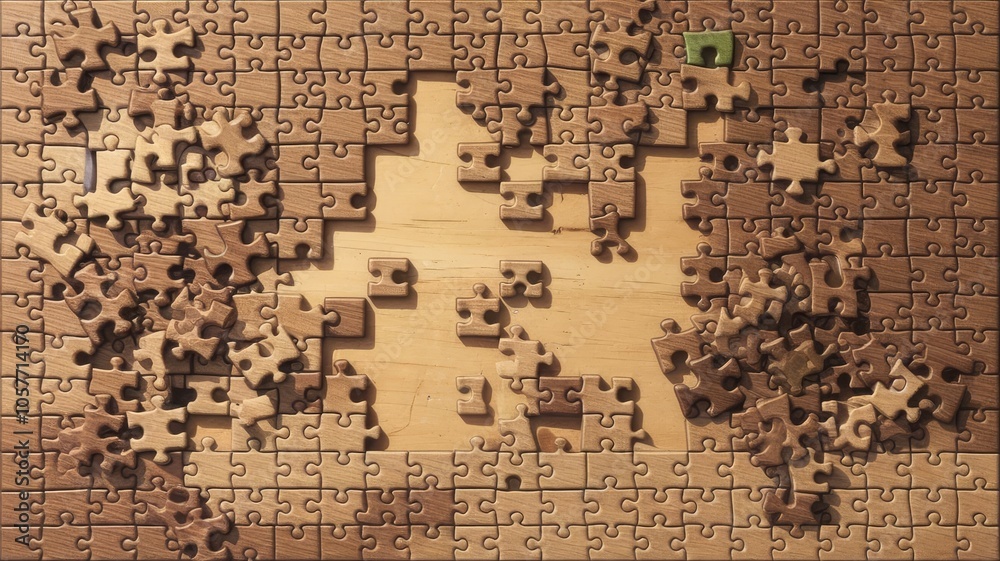 Naklejka premium A partially completed wooden jigsaw puzzle laid out on a wooden surface, showcasing scattered pieces