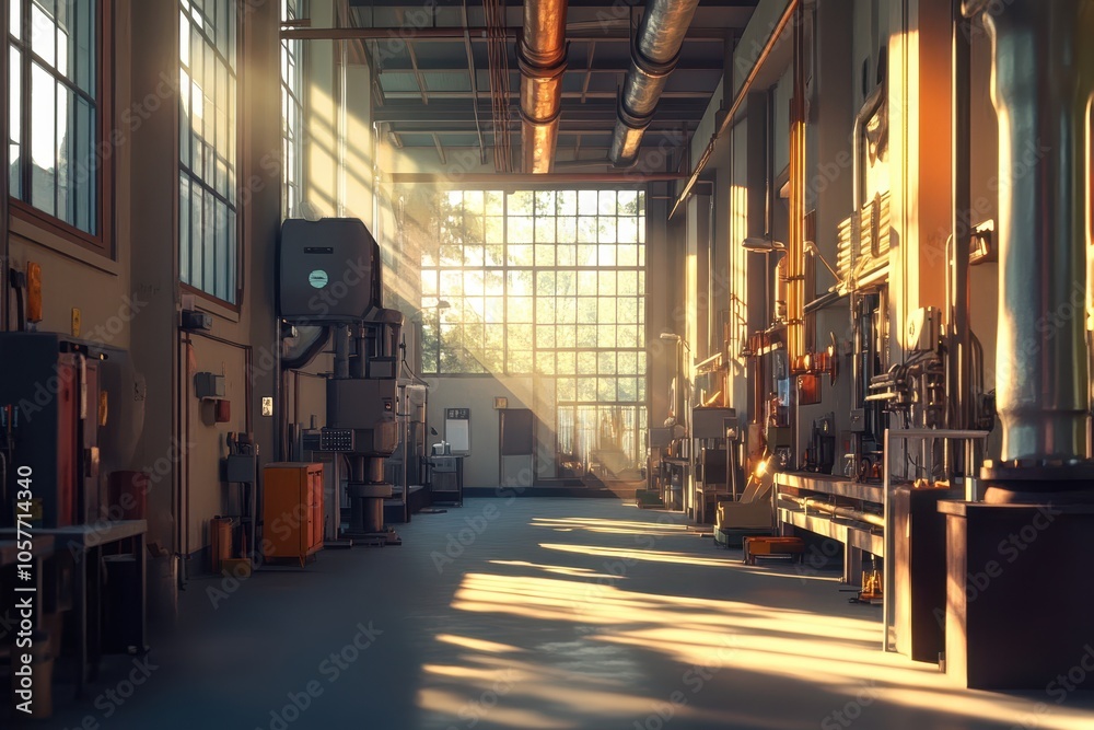 Sunbeams are lighting an empty industrial workshop with machinery and large windows Sunbeams are lighting an empty industrial workshop with machinery and large windows