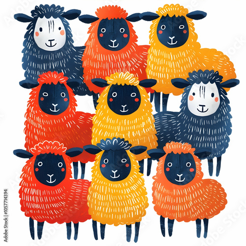 A group of nine cartoon sheep in various shades of orange, yellow, and blue with black noses and eyes.