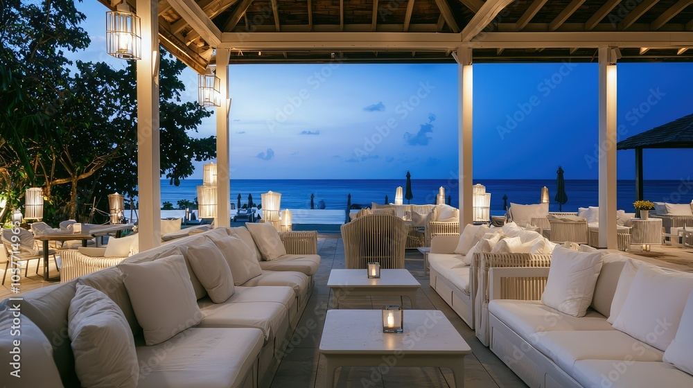 Luxury Coastal Lounge with White Furniture and Ocean View Luxury Coastal Lounge with White Furniture and Ocean View