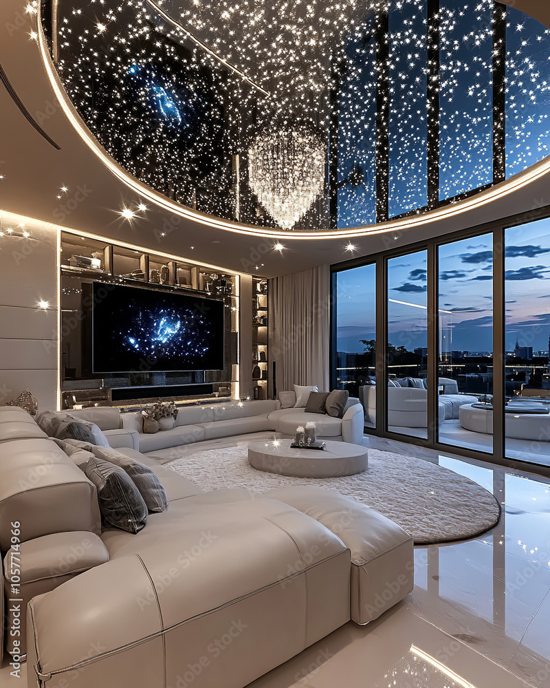 Interior design photography, a spacious modern living room made of white leather, with bright ...