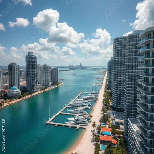 Aerial miami beach along collins avenue mid beach waterway with yacht marina and high rise condos Condominium   photo