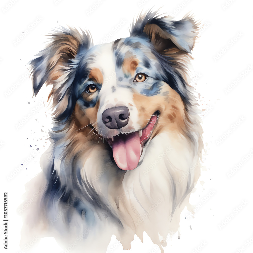 watercolor Australian shepherd on a isolated background, dog illustration, blue merle color, transparent png