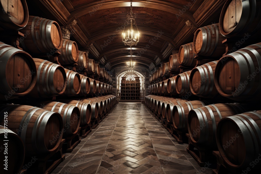 Wine cellar storing oak barrels under elegant chandelier in winery Wine cellar storing oak barrels under elegant chandelier in winery