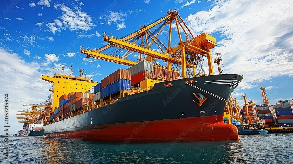 Fototapeta premium Cargo Ship Loading at Dock with Cranes and Containers