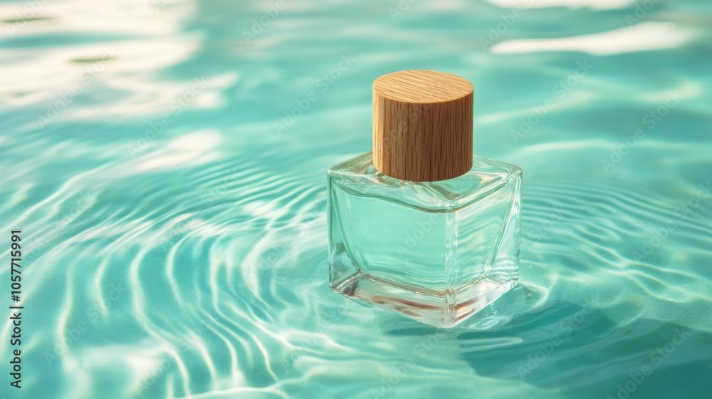 glass perfume bottle on turquoise water surface, concept of fresh aquatic unisex or men's fragrance glass perfume bottle on turquoise water surface, concept of fresh aquatic unisex or men's fragrance