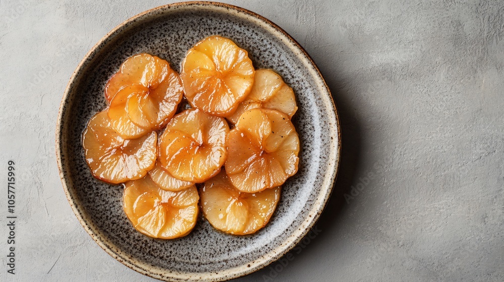Fototapeta premium Tarte Tatin with thin caramelized apple slices, isolated on a textured ceramic plate, with a touch of cinnamon and cloves