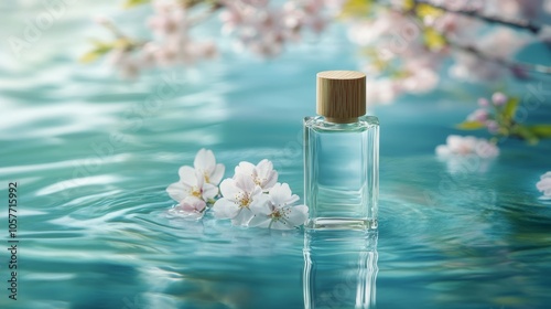 glass perfume bottle on turquoise water surface with sakura flowers, concept of fresh aquatic unisex or men's fragrance