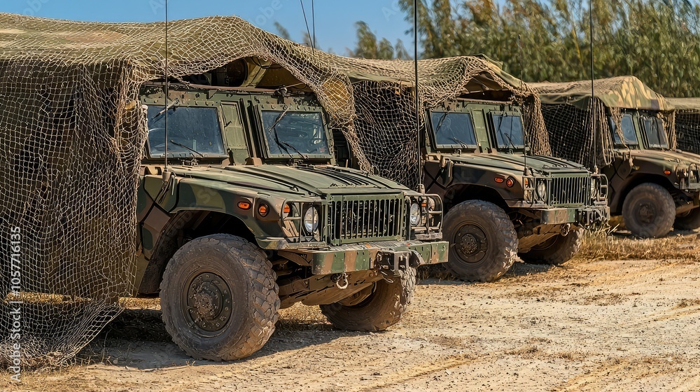 Military Vehicles Covered with Camouflage Netting Military Vehicles Covered with Camouflage Netting