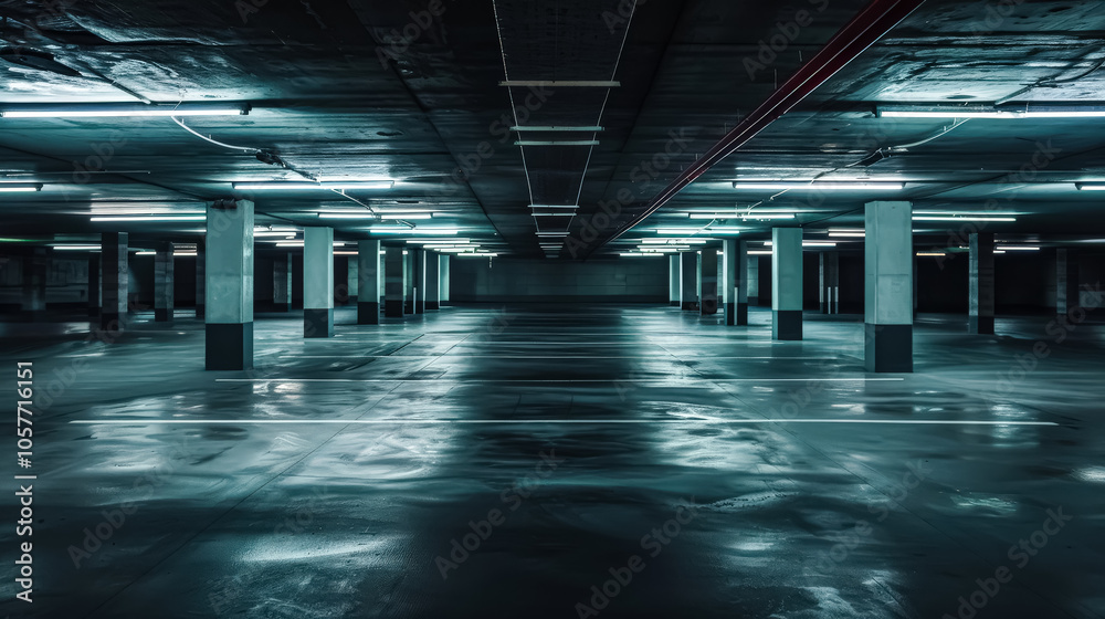 Large parking lot with no cars in it. The parking lot is empty and the lights are on Large parking lot with no cars in it. The parking lot is empty and the lights are on