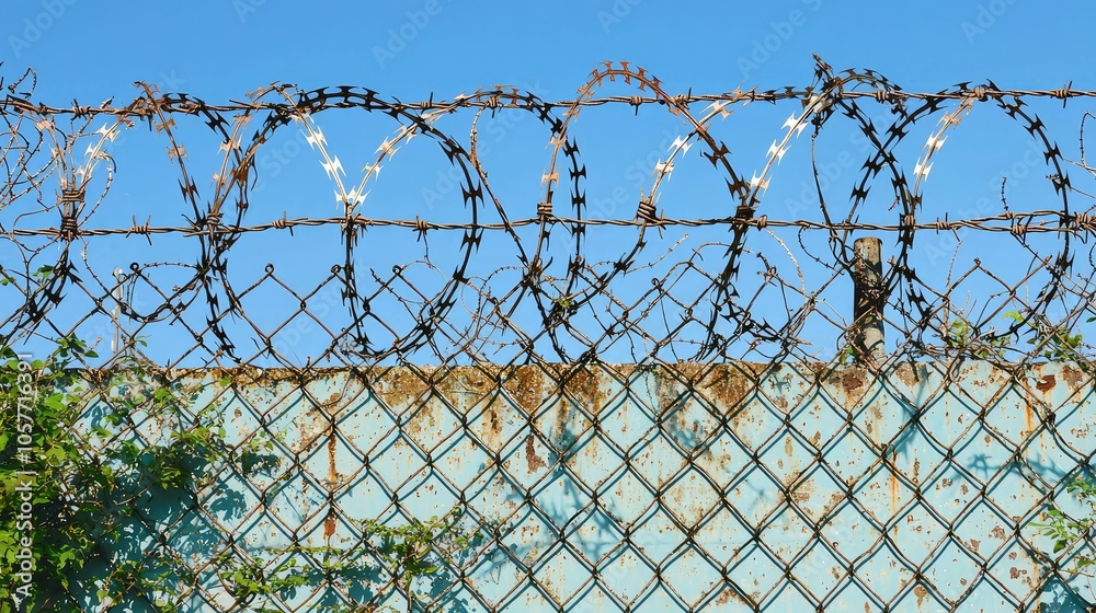 Broken Fence with Barbed Wire in Urban Setting Broken Fence with Barbed Wire in Urban Setting