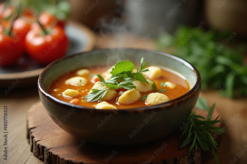 Cozy homemade tomato soup with gnocchi and fresh herbs in rustic bowl for comfort food lovers. Cozy homemade tomato soup with gnocchi and fresh herbs in rustic bowl for comfort food lovers.