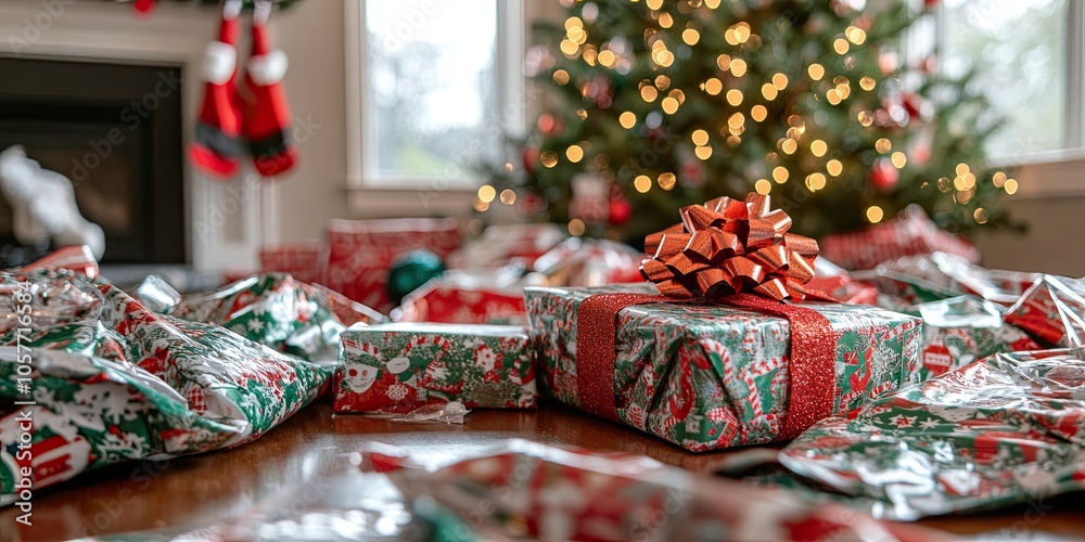 A lot of christmas wrapping paper crinkled on the table. theres an unwrapped present. A lot of christmas wrapping paper crinkled on the table. theres an unwrapped present.