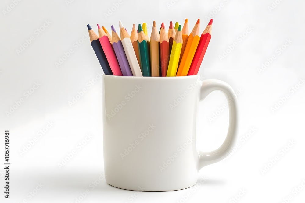 White ceramic mug filled with neutral-colored pencils, isolated on a white background