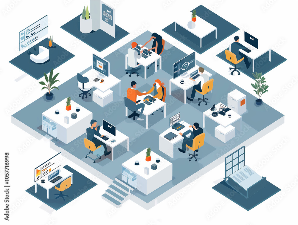 Isometric Modern Office Workspace with Team Collaboration