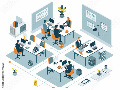 Isometric Modern Office Workspace with Team Collaboration