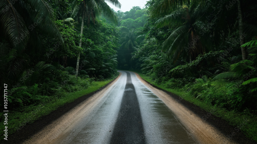 Narrow wet road surrounded by lush tropical vegetation and tall palm trees creating a tunnel effect in a dense rainforest setting on a misty day. Narrow wet road surrounded by lush tropical vegetation and tall palm trees creating a tunnel effect in a dense rainforest setting on a misty day.
