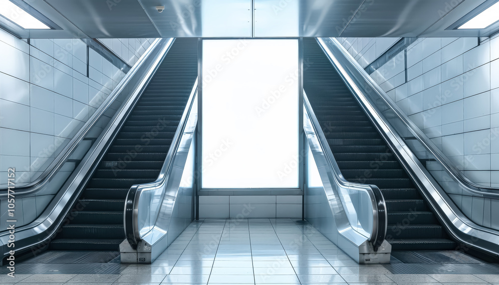 Large white sign is on the wall of a subway station. The sign is empty and the station is empty Large white sign is on the wall of a subway station. The sign is empty and the station is empty