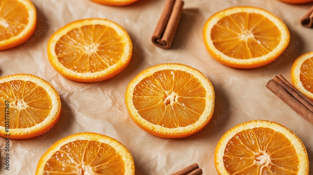 Obraz premium Dry orange slices and cinnamon sticks on baking paper.