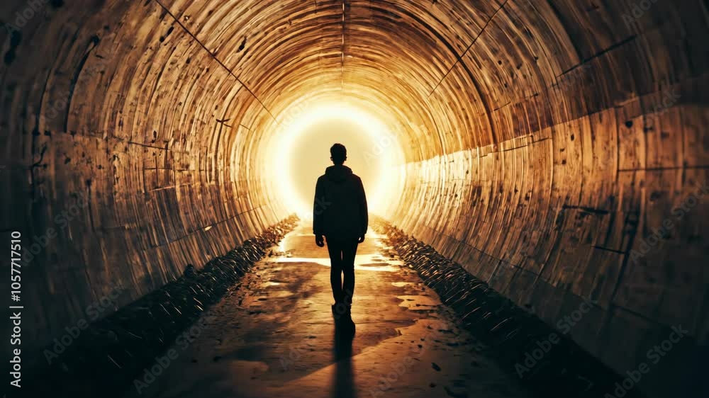 A lone figure walks towards a bright light at the end of a tunnel