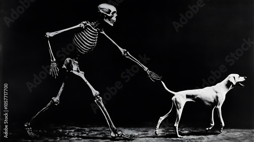 a skeleton walking a dog