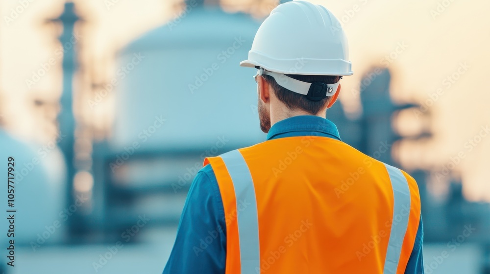Engineer Inspecting Oil Tanks at Sunset Engineer Inspecting Oil Tanks at Sunset