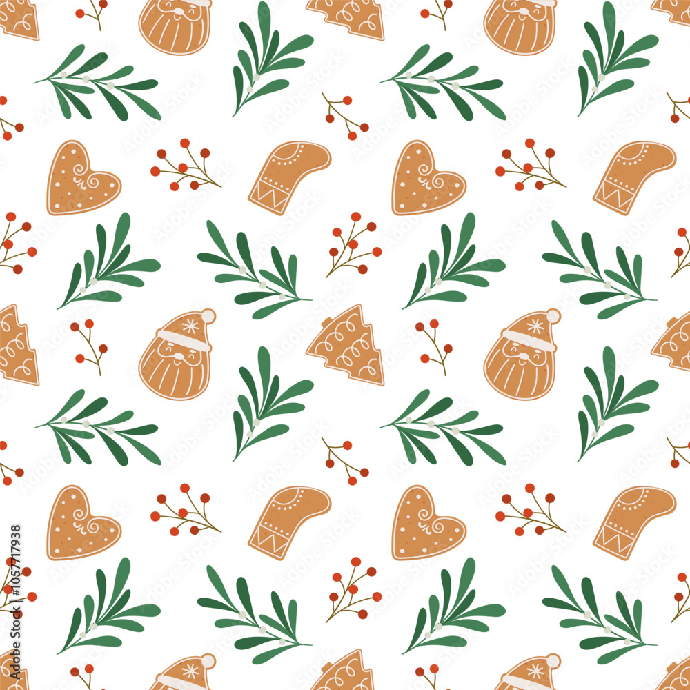 Gingerbread seamless pattern. Festive background with cookies, leaves and berries. Gingerbread seamless pattern. Festive background with cookies, leaves and berries.