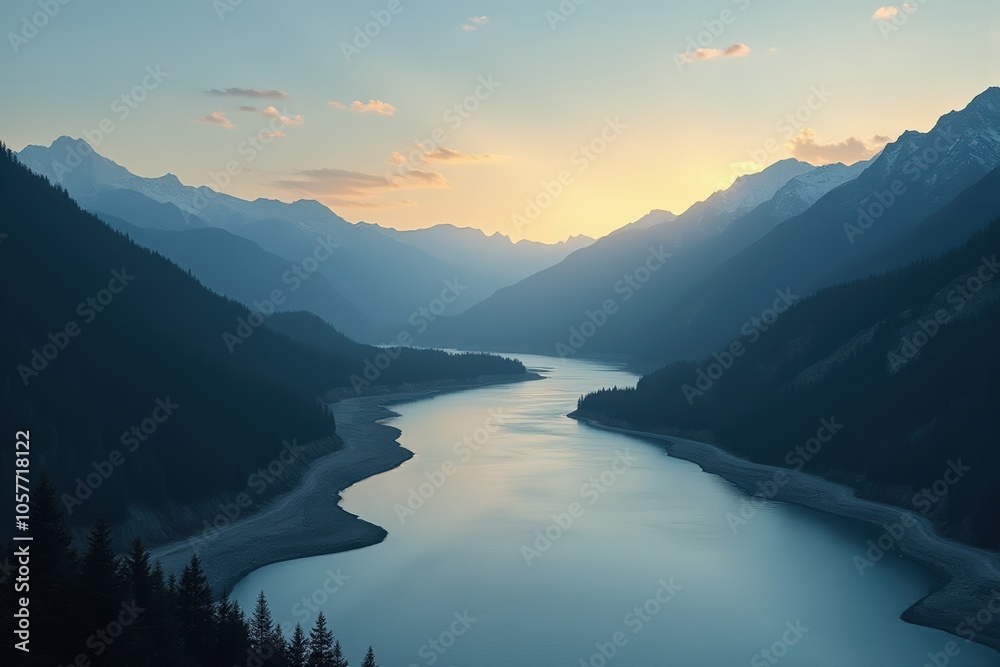 Sunset over serene mountain lake and river valley for nature tranquility and landscape design. Sunset over serene mountain lake and river valley for nature tranquility and landscape design.