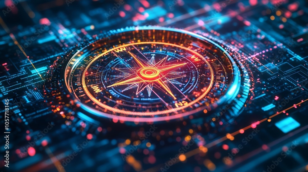 A glowing technological compass surrounded by data, symbolizing a business's strategic path and digital leadership in a competitive market