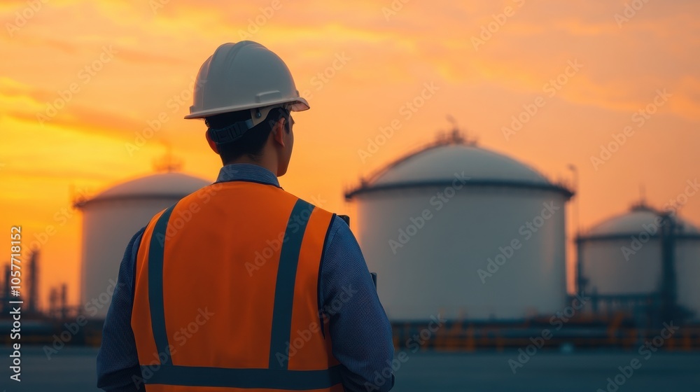 Engineer Observing Large Storage Tanks at Sunset Engineer Observing Large Storage Tanks at Sunset
