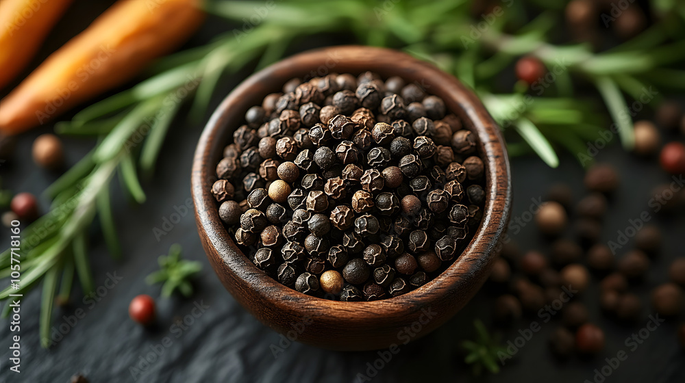 Elegant Top-Down Perspective of Cubeb Peppercorns with Ground Spice Center and Fresh Rosemary for Culinary Aesthetic Elegant Top-Down Perspective of Cubeb Peppercorns with Ground Spice Center and Fresh Rosemary for Culinary Aesthetic