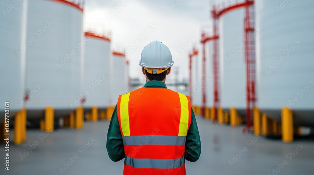 Engineer Taking Oil Level Measurements at Refinery Engineer Taking Oil Level Measurements at Refinery