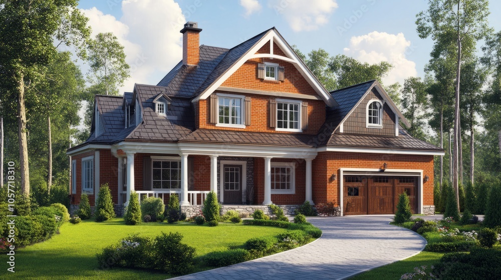 A large brick house with a green lawn and a driveway A large brick house with a green lawn and a driveway