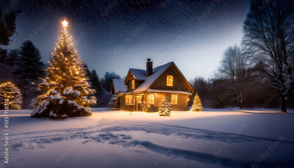 A serene night scene with snow gently falling, a warmly lit house in the distance, and a Christmas tree glowing through the window, creating a cozy, festive atmosphere.
A serene night scene with snow gently falling, a warmly lit house in the distance, and a Christmas tree glowing through the window, creating a cozy, festive atmosphere.
