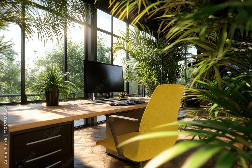 Fototapeta premium Bright and inspiring home office design surrounded by lush greenery and natural light