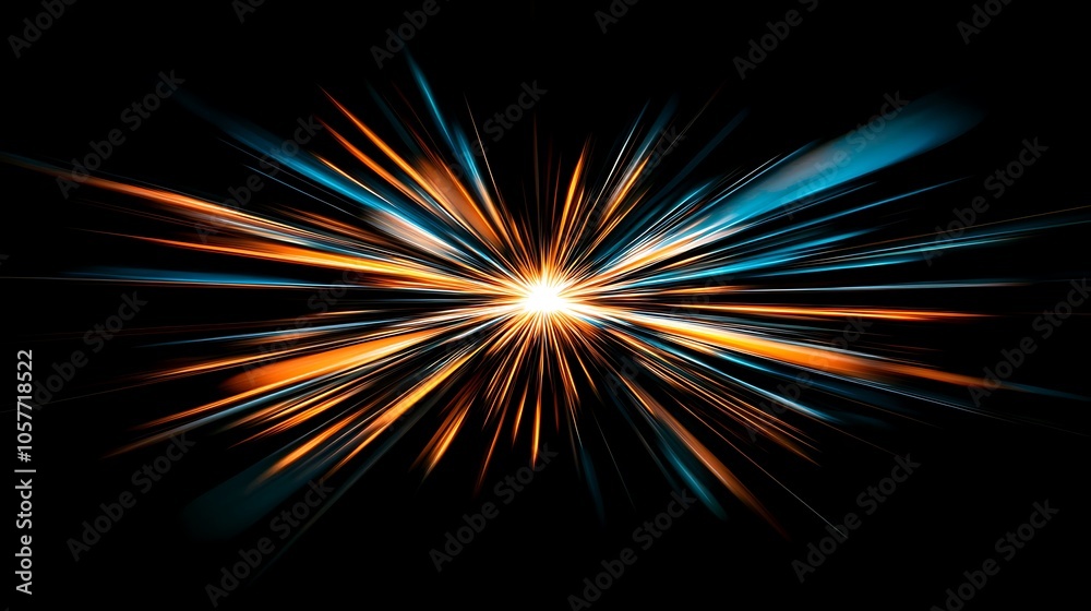 Abstract blue and orange light rays radiating outwards from a bright white center against a black background.