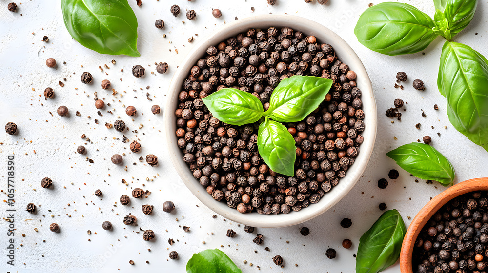 Elegant Circular Display of Whole Black Peppercorns with Crushed Center and Fresh Basil on Light Surface Elegant Circular Display of Whole Black Peppercorns with Crushed Center and Fresh Basil on Light Surface