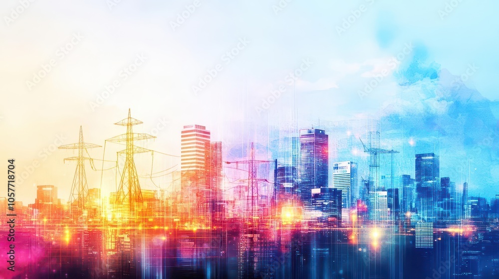 Modern cityscape at dusk with electric grids, watercolor wash with glowing light effects of renewable power Modern cityscape at dusk with electric grids, watercolor wash with glowing light effects of renewable power
