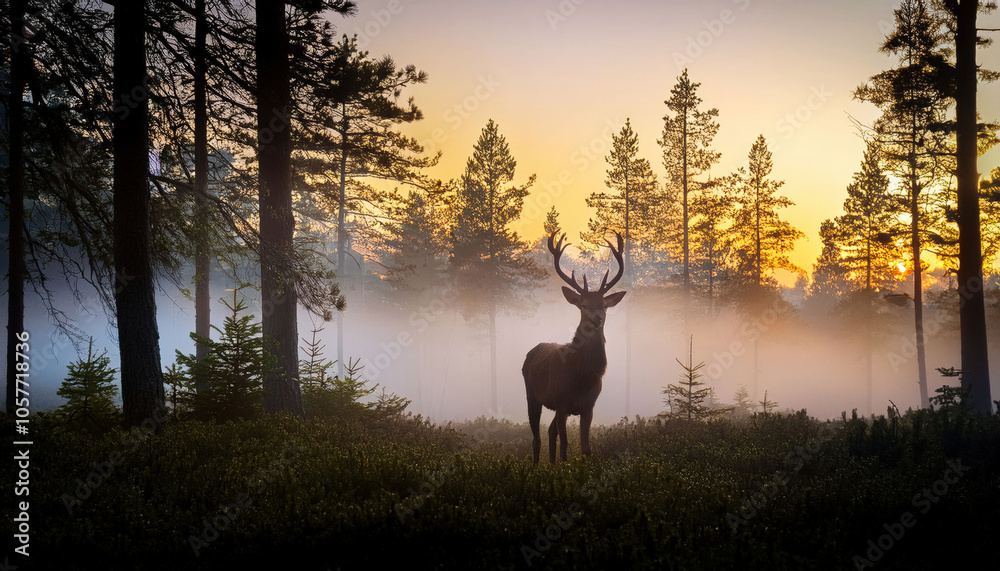 Fototapeta premium A serene scene with a deer standing in the middle of a misty forest at dawn. Soft light filters through the trees, creating a peaceful, ethereal atmosphere.
