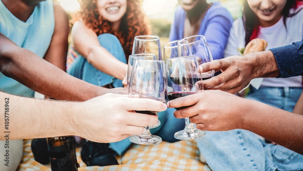 Wine party, People hands toast with glasses at winery vineyard experience. Friends have fun drinking in picnic together Wine party, People hands toast with glasses at winery vineyard experience. Friends have fun drinking in picnic together