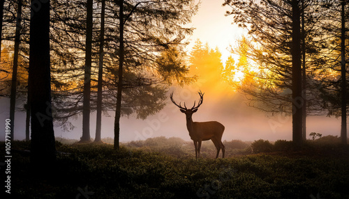 A serene scene with a deer standing in the middle of a misty forest at dawn. Soft light filters through the trees, creating a peaceful, ethereal atmosphere.