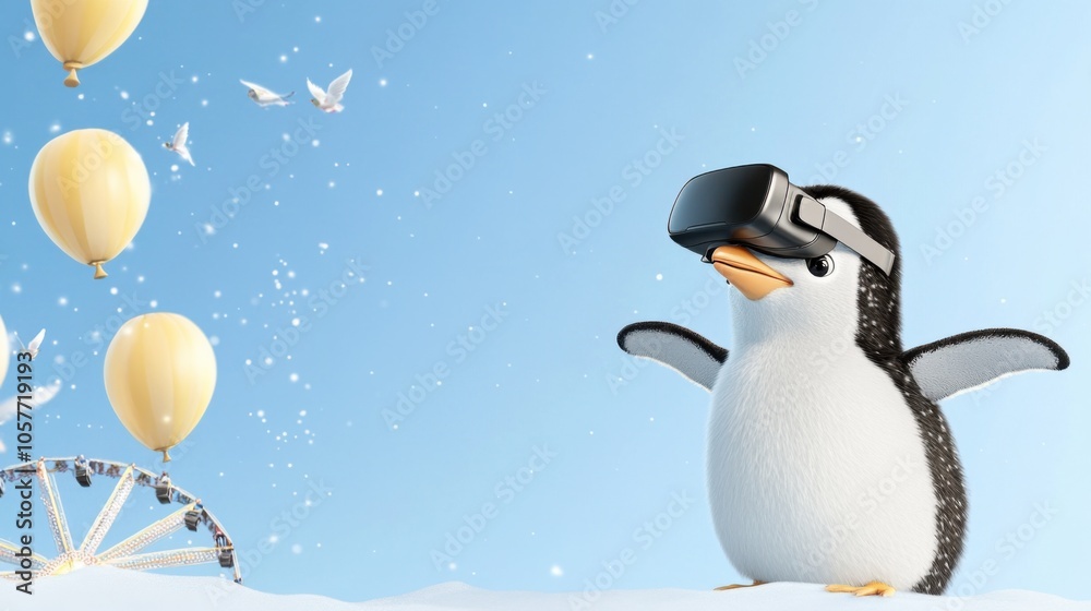 Fototapeta premium A playful penguin wearing a VR headset stands in a snowy environment, surrounded by balloons and birds, creating a whimsical, imaginative scene.
