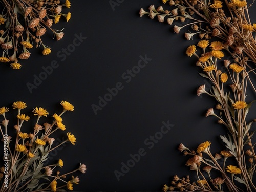 a dark background with a frame of dried yellow flowers