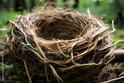  bird nest woven twigs and grass close up on the intricate const photo