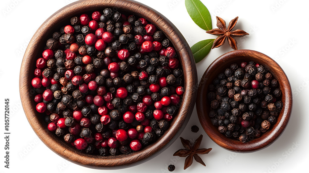 Artistic Top-Down Display of Whole Sichuan Peppercorns and Crushed Pepper with an Elegant Dish of Star Anise Artistic Top-Down Display of Whole Sichuan Peppercorns and Crushed Pepper with an Elegant Dish of Star Anise
